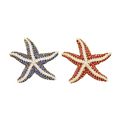 Lot 1104 - Pair of Gold, Sapphire, Ruby and Diamond Starfish Clip-Brooches