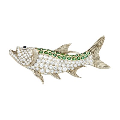 Lot 1122 - White Gold, Diamond and Tourmaline Fish Clip-Brooch