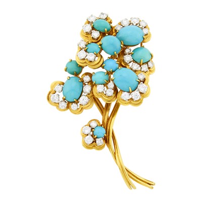 Lot 46 - Van Cleef & Arpels Gold, Platinum, Turquoise and Diamond Bouquet Clip-Brooch, France
