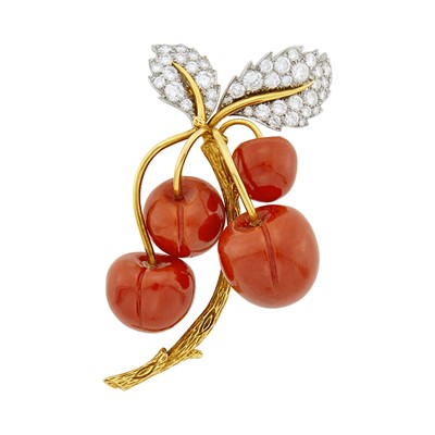 Lot 174 - Donald Claflin for Tiffany & Co. Gold, Platinum, Carved Coral and Diamond Cherry Clip-Brooch