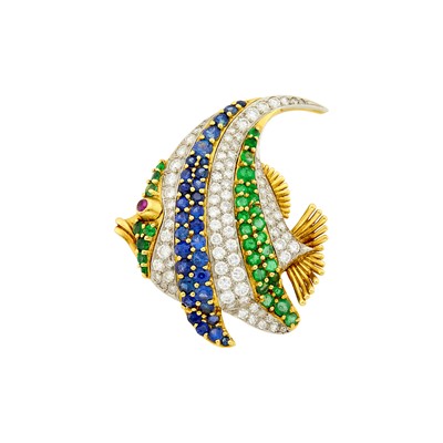 Lot 1009 - Gold, Platinum, Sapphire, Emerald and Diamond Angel Fish Clip-Brooch