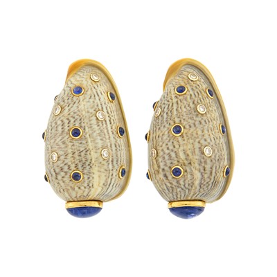 Lot 1096 - Trianon Pair of Gold, Shell, Cabochon Sapphire and Diamond Earrings