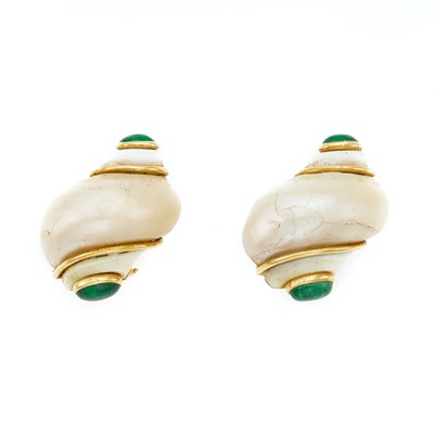 Lot 2001 - Seaman Schepps Pair of Gold, Shell and Cabochon Emerald 'Turbo Shell' Earclips