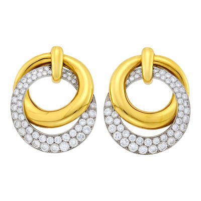 Lot 44 - Pair of Gold, Platinum and Diamond Interlocking Hoop Earrings