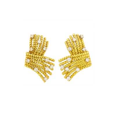 Lot 1184 - Tiffany & Co., Schlumberger Pair of Gold, Platinum and Diamond 'V-Rope' Earrings