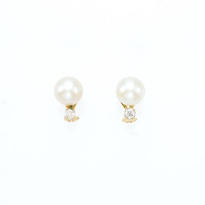 Lot 2041 - Pair of Two-Color Gold, Cultured Pearl and Diamond Earrings