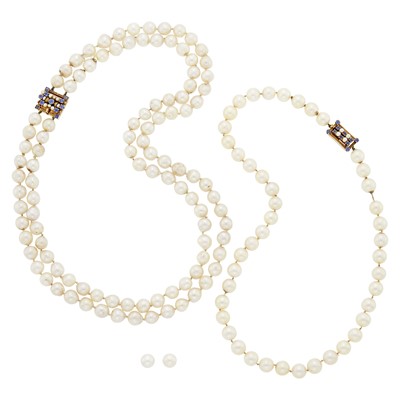 Lot 2263 - Two Semi-Baroque Cultured Pearl Necklaces with Gold, Seed Pearl and Sapphire Clasps and Pair of Stud Earrings