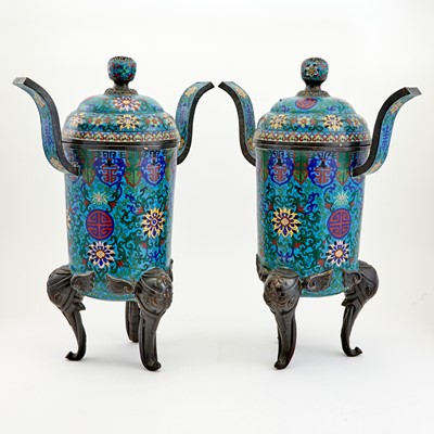 Lot 313 - A Pair of Chinese Enameled Cloisonne Incense Burners and Covers