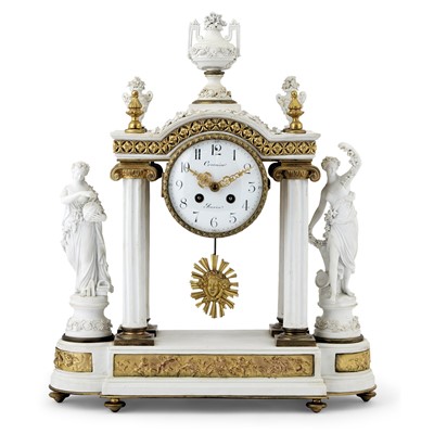 Lot 251 - Louis XVI Style Parcel-Gilt Bisque Porcelain Figural Portico Mantel Clock