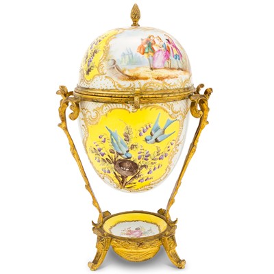 Lot 255 - Sèvres Style Gilt-Metal Mounted Yellow Ground Porcelain Egg-Form Box