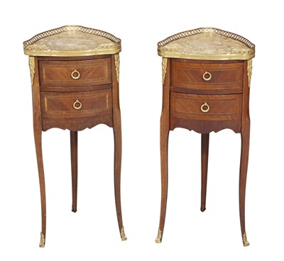 Lot 305 - Pair of Louis XV/XVI Transitional Style Gilt-Metal Mounted Walnut Marble Top Tables