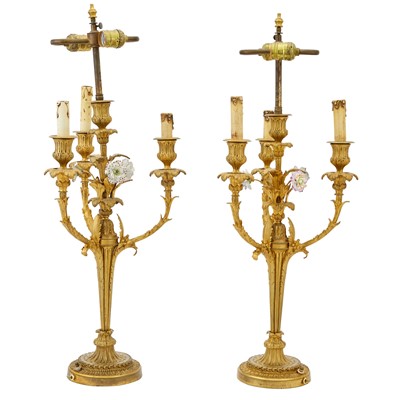 Lot 246 - Pair of Louis XV / XVI Transitional Style Metal and Porcelain Candelabra Mounted as Lamps