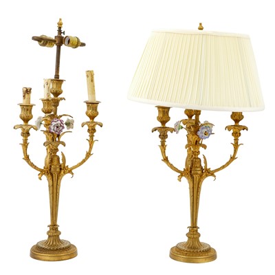 Lot 246 - Pair of Louis XV / XVI Transitional Style Metal and Porcelain Candelabra Mounted as Lamps