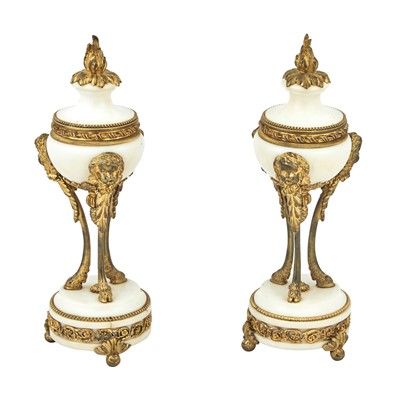 Lot 320 - Pair of Louis XVI Style Gilt-Metal and White Marble Small Garniture Covered Urns