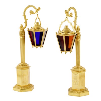 Lot 354 - Pair of Gilt-Metal and Glass Standing Tabletop Lanterns