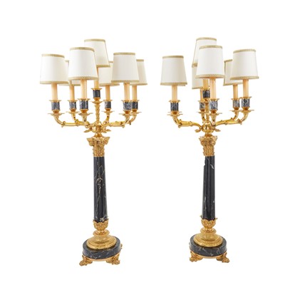 Lot 332 - Pair of Empire Style Gilt-Metal and Black Marble Seven-Light Candelabra Lamps