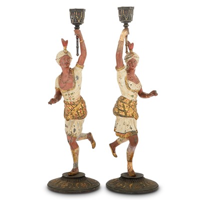 Lot 385 - Pair of Continental Cold-Painted Metal Figural  Candlesticks