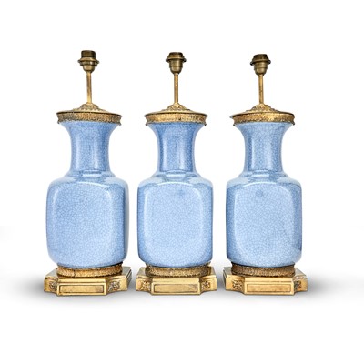 Lot 210 - Set of Three Gilt Bronze Mounted Chinese Blue Porcelain Vases Mounted as Lamps