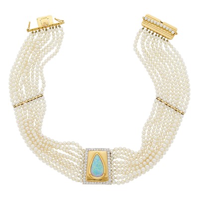 Lot 2239 - Nine Strand Gold, White Opal, Diamond and Seed Pearl Choker Necklace