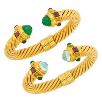 Lot 21 - Cellini Pair of Fluted Gold and Gem-Set Bangle Bracelets