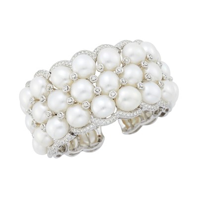Lot 1119 - White Gold, Freshwater Pearl and Diamond Cuff Bangle Bracelet