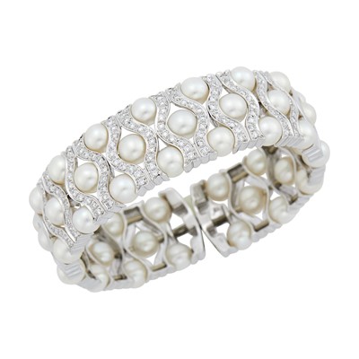 Lot 1152 - White Gold, Cultured Pearl and Diamond Bracelet