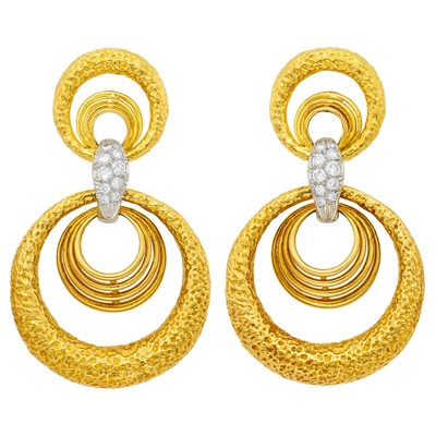 Lot 171 - Pair of Gold, Platinum and Diamond Doorknocker Pendant-Earrings