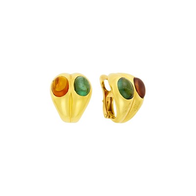 Lot 79 - Bulgari Pair of Gold, Cabochon Citrine and Tourmaline Earclips