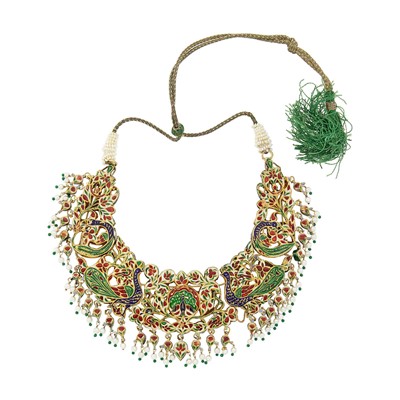 Lot 55 - Indian Gold, Foil-Backed Paste, Freshwater Pearl, Green Glass Bead and Jaipur Enamel Fringe Bib Necklace