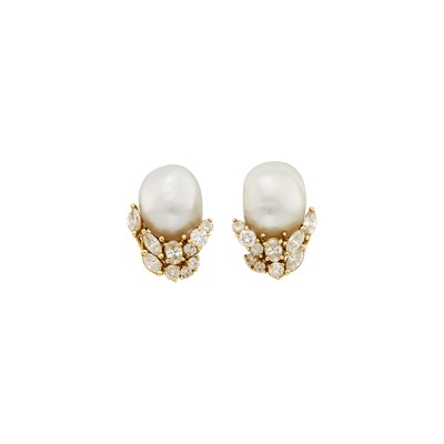 Lot 1156 - Henry Dunay Pair of Gold, Semi-Baroque Cultured Pearl and Diamond Earclips