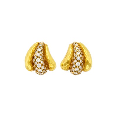 Lot 6 - Henry Dunay Pair of Hammered Gold and Diamond Earclips