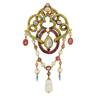 Lot 63 - Antique Gold, Enamel, Diamond, Pearl and Ruby Pendant-Brooch, France