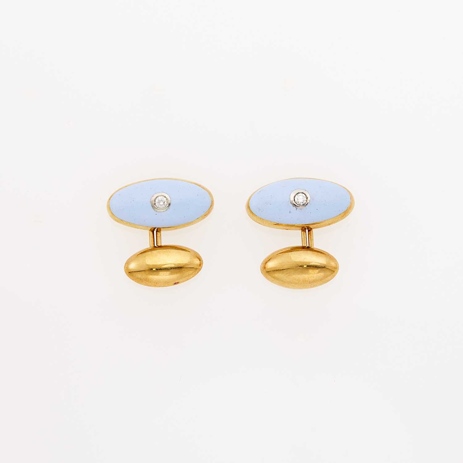 Lot 1145 - Pair of Gold, Lavender Enamel and Diamond Cufflinks