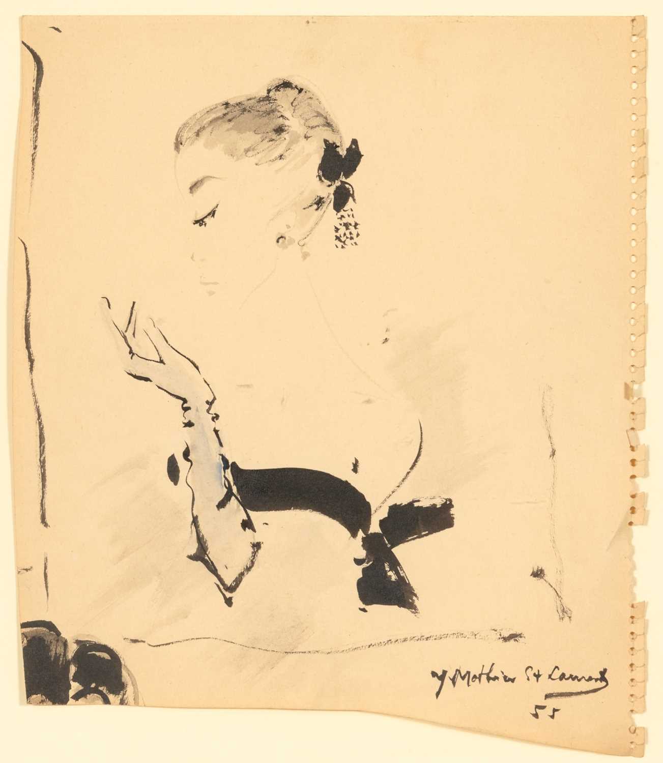 Lot 228 - A sketch of an elegant woman, drawn in the year Saint Laurent started working at Dior