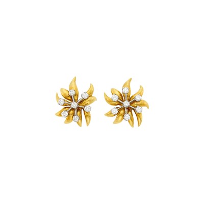 Lot 1097 - Tiffany & Co, Schlumberger Pair of Gold, Platinum and Diamond 'Flames' Earrings
