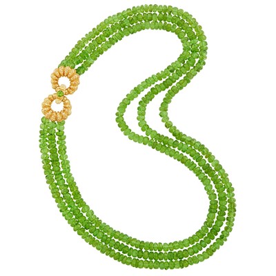 Lot 2248 - Triple Strand Peridot Bead Necklace with Gold Clasp