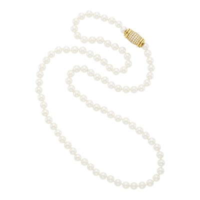 Lot 2005 - Long Cultured Pearl Necklace with Gold and Diamond Clasp