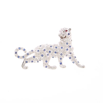 Lot 1060 - White Gold, Diamond, Sapphire and Ruby Panther Brooch