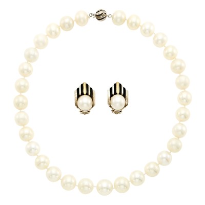 Lot 1047 - Cartier Pair of Silver, Gold, Enamel and Mabé Pearl Earclips and South Sea Cultured Pearl Necklace