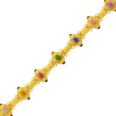 Lot 1010 - Gold, Cabochon Colored Stone and Diamond Bracelet