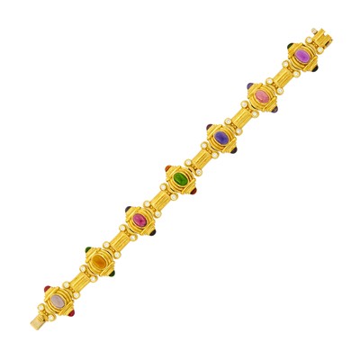 Lot 1010 - Gold, Cabochon Colored Stone and Diamond Bracelet