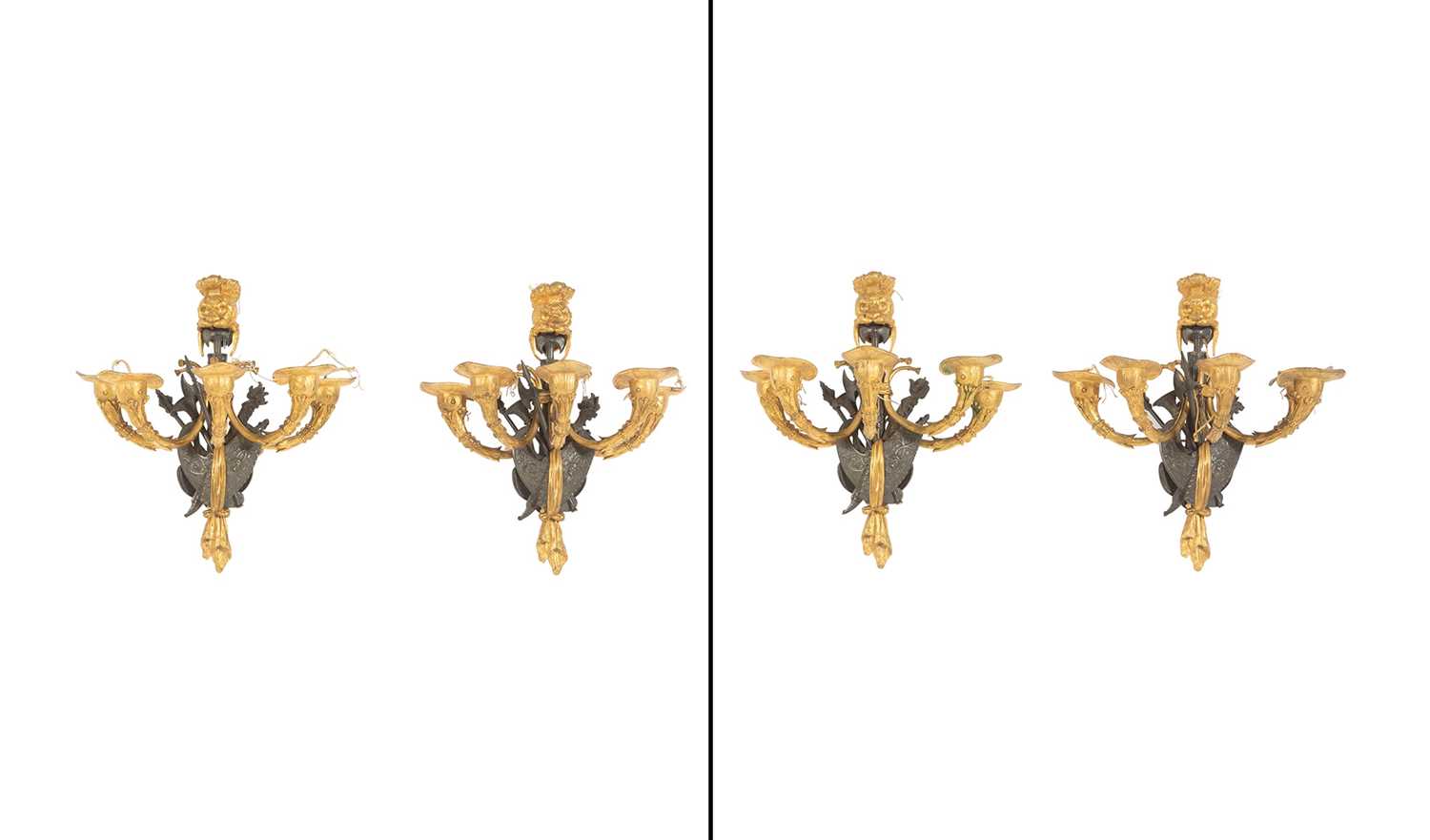 Lot 694 - Set of Four French Ormolu and Patinated Bronze Five-Light Wall Lights