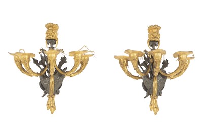 Lot 694 - Set of Four French Ormolu and Patinated Bronze Five-Light Wall Lights