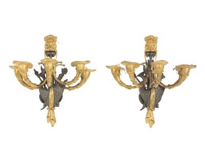 Lot 694 - Set of Four French Ormolu and Patinated Bronze Five-Light Wall Lights