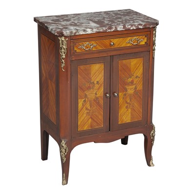 Lot 293 - Louis XV/XVI Transitional Style Marquetry Tulipwood Marble Top Side Cabinet