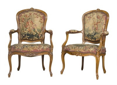 Lot 277 - Pair of Louis XV Style Tapestry Upholstered Walnut Fauteuils