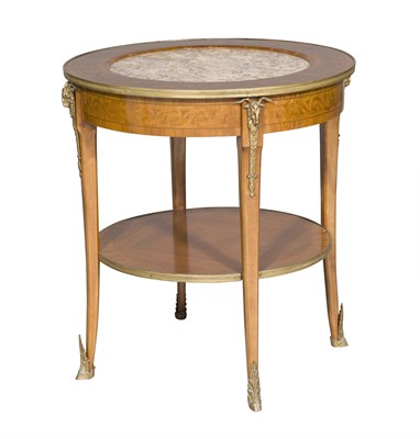 Lot 344 - Louis XV/XVI Transitional Style Marble Top Kingwood Faux Marquetry Two-Tier Occasional Table