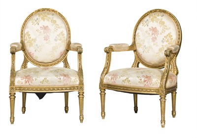 Lot 336 - Pair of Louis XVI Style Upholstered Giltwood Fauteuils