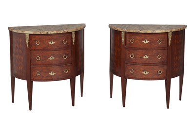 Lot 279 - Pair of Louis XVI Style Demilune Parquetry Inlaid Marble Top Commodes