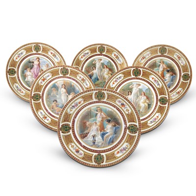 Lot 390 - Set of Six Royal Schwarzburg Gilt and Transfer-Decorated Porcelain Cabinet Plates